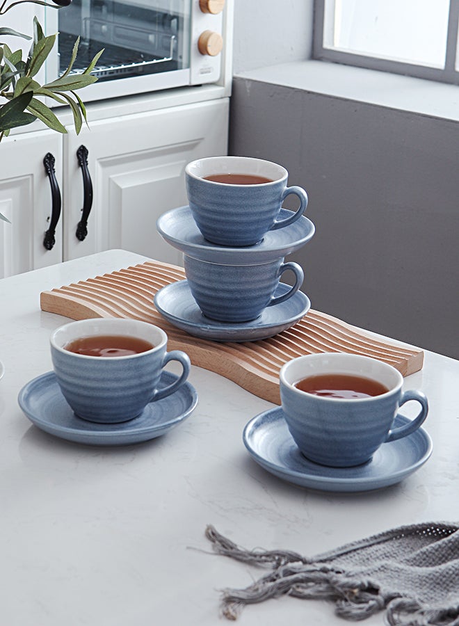 8-Piece Kiln Variable Glaze Process Round Linear Ceramic Coffee Cup And Saucer Set Blue 12.5x10x7.2cm