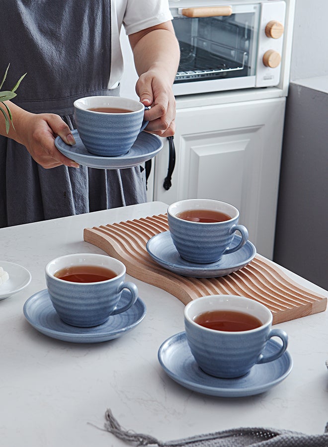 8-Piece Kiln Variable Glaze Process Round Linear Ceramic Coffee Cup And Saucer Set Blue 12.5x10x7.2cm