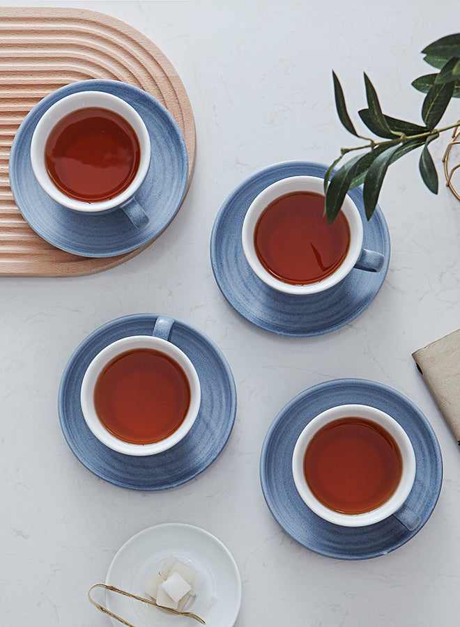 8-Piece Kiln Variable Glaze Process Round Linear Ceramic Coffee Cup And Saucer Set Blue 12.5x10x7.2cm