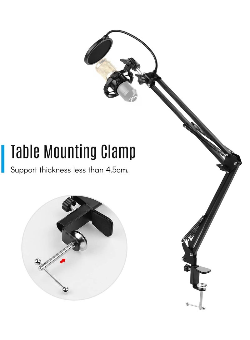 Microphone Stand,Adjustable Foldable Microphone Stand Heaby Duty Metal Mic Arm Bracket with Shock Proof Holder Windshield Pop Filter for Studio Recording Live Video Broadcasting Online Singing