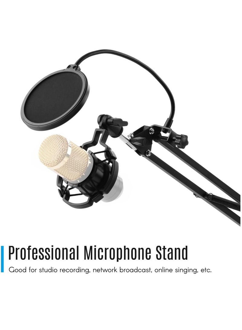 Microphone Stand,Adjustable Foldable Microphone Stand Heaby Duty Metal Mic Arm Bracket with Shock Proof Holder Windshield Pop Filter for Studio Recording Live Video Broadcasting Online Singing