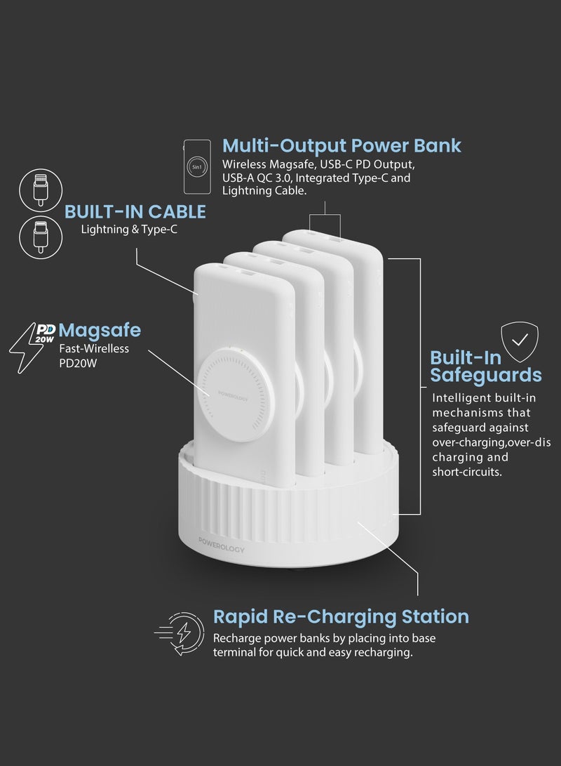 4in1 Power bank Station with 10000mAh Battery Capacity and 100W PD  / Fast-Wireless MagSafe Power Bank / Built-In Cable(Type-C & Lightning) / Built-In Safeguards - White