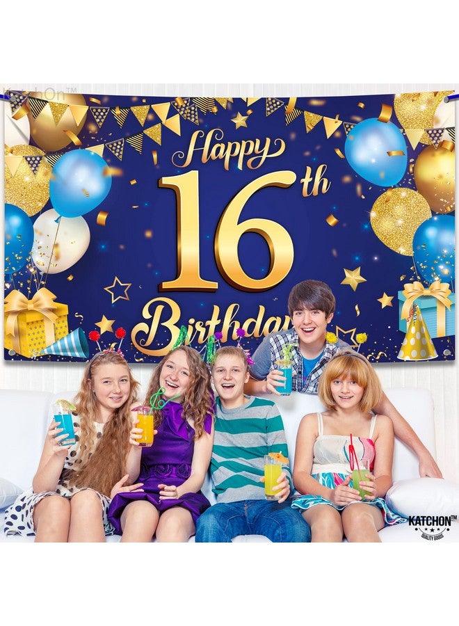 Blue And Gold Happy 16Th Birthday Banner Xl 72X44 Inch Blue 16Th Birthday Backdrop 16Th Birthday Party Supplies 16 Year Old Boy Birthday Decorations 16Th Birthday Decorations For Boys