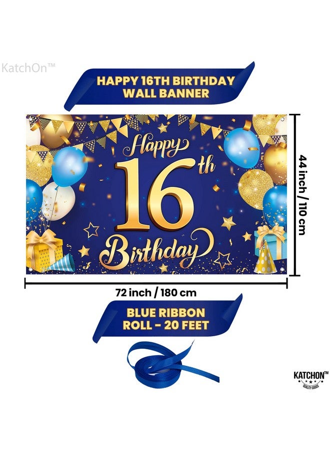 Blue And Gold Happy 16Th Birthday Banner Xl 72X44 Inch Blue 16Th Birthday Backdrop 16Th Birthday Party Supplies 16 Year Old Boy Birthday Decorations 16Th Birthday Decorations For Boys