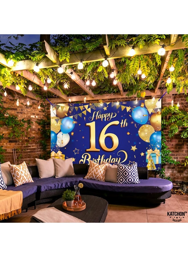 Blue And Gold Happy 16Th Birthday Banner Xl 72X44 Inch Blue 16Th Birthday Backdrop 16Th Birthday Party Supplies 16 Year Old Boy Birthday Decorations 16Th Birthday Decorations For Boys