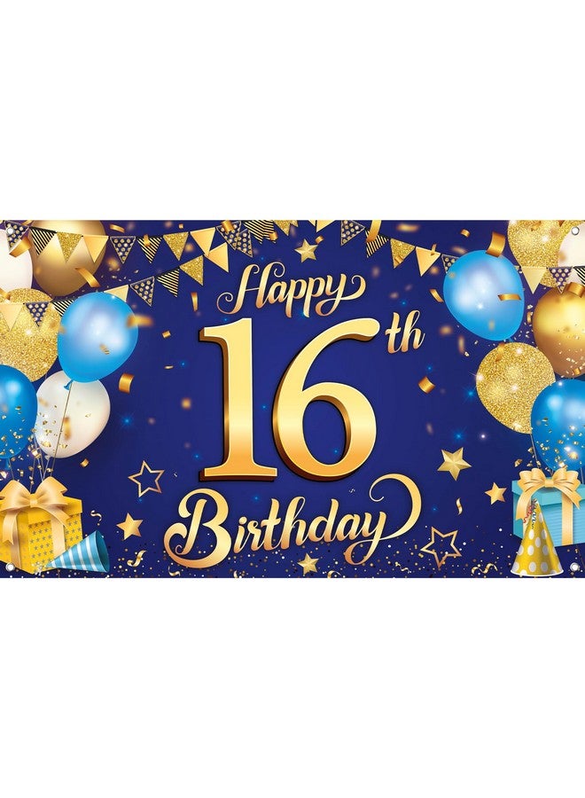 Blue And Gold Happy 16Th Birthday Banner Xl 72X44 Inch Blue 16Th Birthday Backdrop 16Th Birthday Party Supplies 16 Year Old Boy Birthday Decorations 16Th Birthday Decorations For Boys