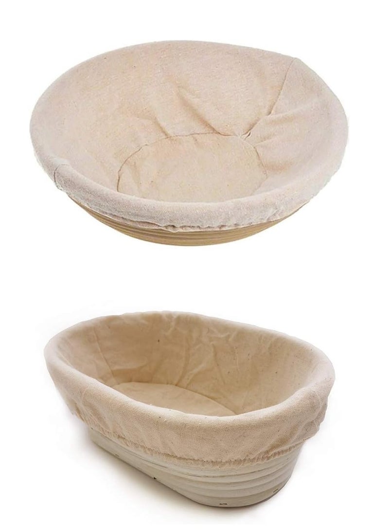 Bread Banneton Proofing Basket Set of 2 - Round 9 Inch & Oval 10 Inch, for Sourdough Bread Making Proofing Rising, Natural Rattan Bowl Container, Includes Linen Liner Cloth