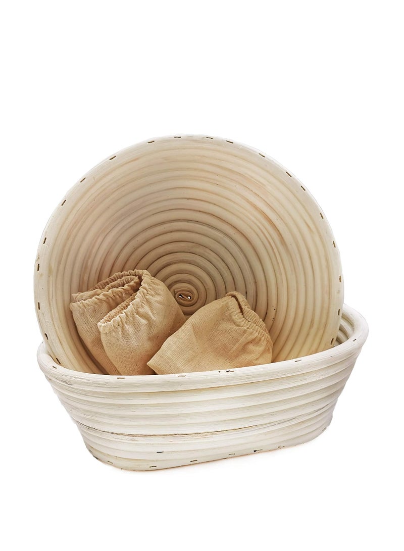 Bread Banneton Proofing Basket Set of 2 - Round 9 Inch & Oval 10 Inch, for Sourdough Bread Making Proofing Rising, Natural Rattan Bowl Container, Includes Linen Liner Cloth