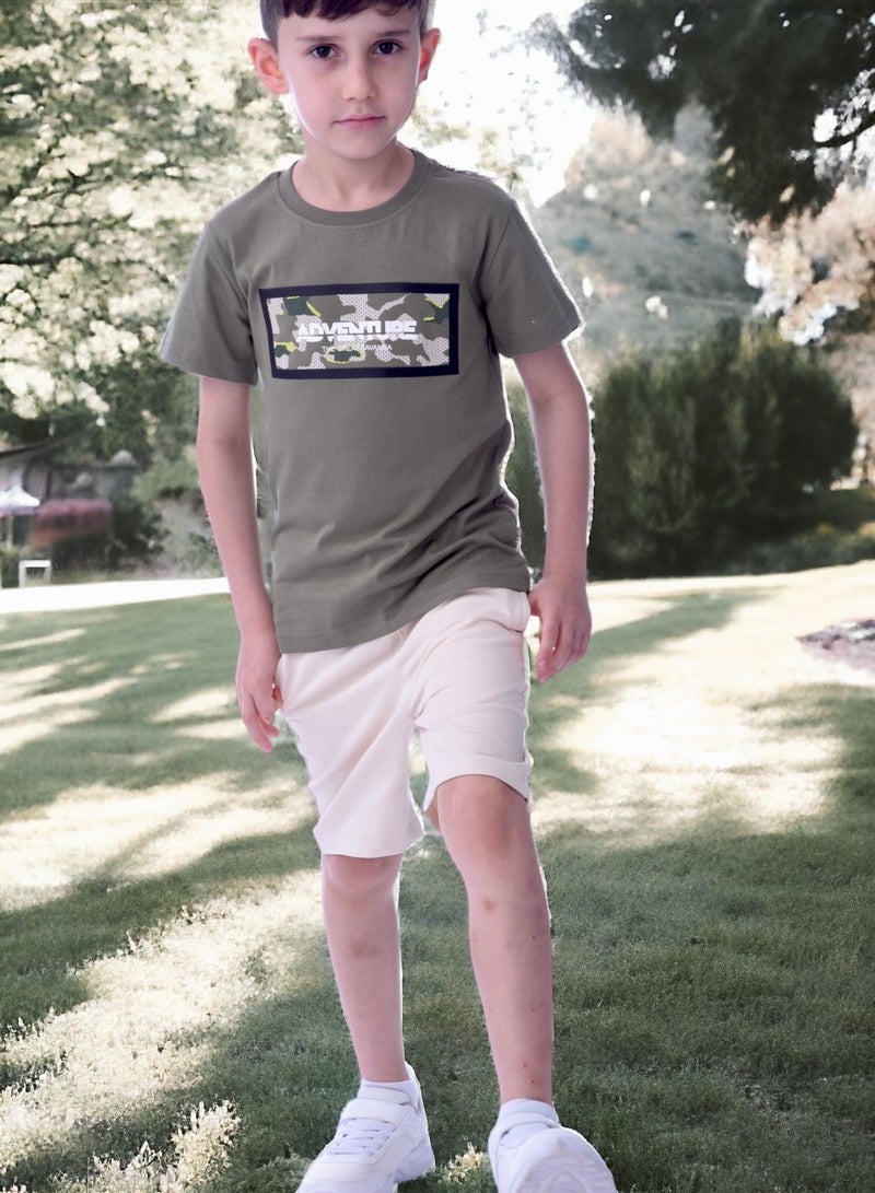 Kids Boys 2-piece Set - T-Shirts & Shorts -Olive and Cream (100% Cotton)