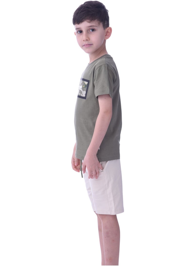 Kids Boys 2-piece Set - T-Shirts & Shorts -Olive and Cream (100% Cotton)