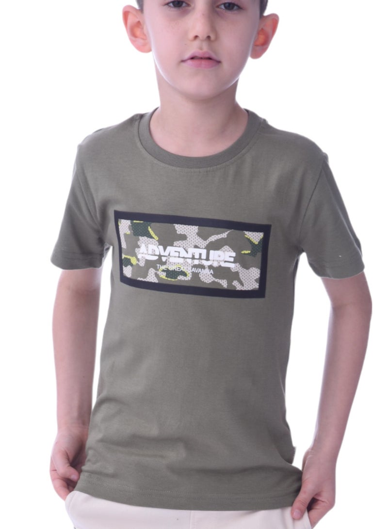 Kids Boys 2-piece Set - T-Shirts & Shorts -Olive and Cream (100% Cotton)