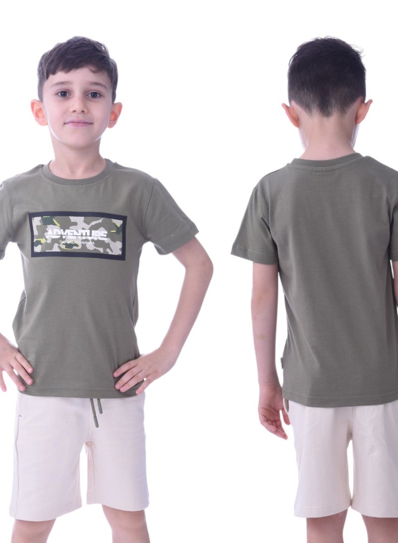 Kids Boys 2-piece Set - T-Shirts & Shorts -Olive and Cream (100% Cotton)