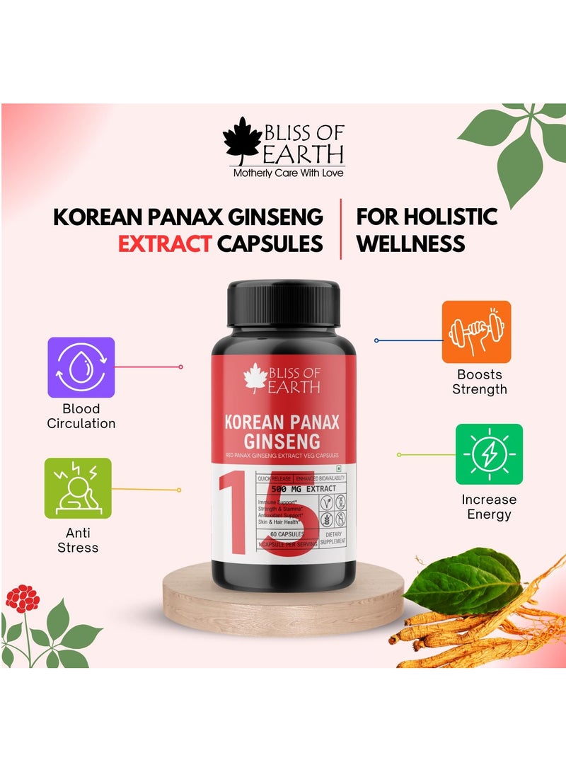 Korean Red Panax Ginseng 500Mg High Potency Root Extract 60 Veg Capsules For Health And Wellness