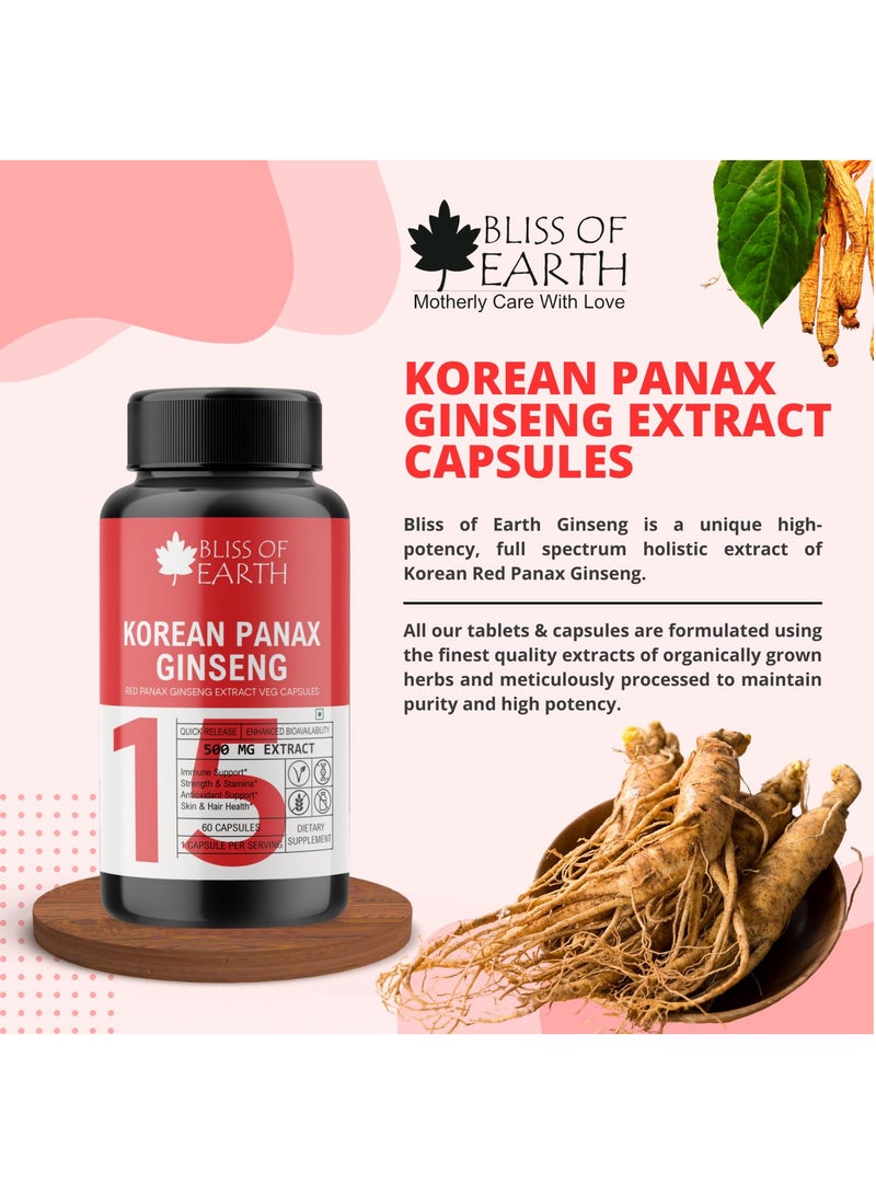 Korean Red Panax Ginseng 500Mg High Potency Root Extract 60 Veg Capsules For Health And Wellness