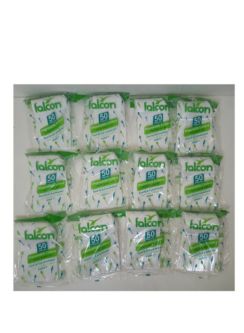 Falcon  Pack Of 12   X 50 Pcs Plastic Spoons White  600 Pcs