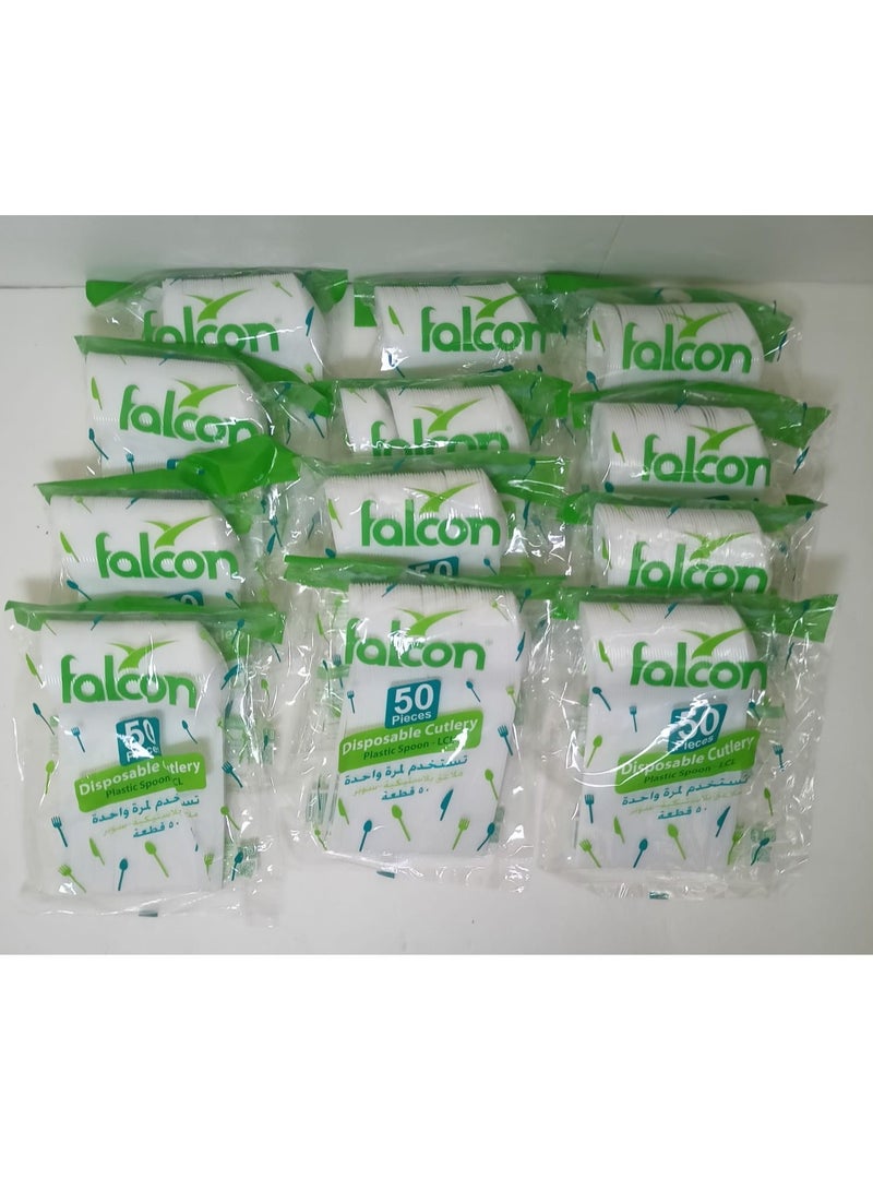 Falcon  Pack Of 12   X 50 Pcs Plastic Spoons White  600 Pcs