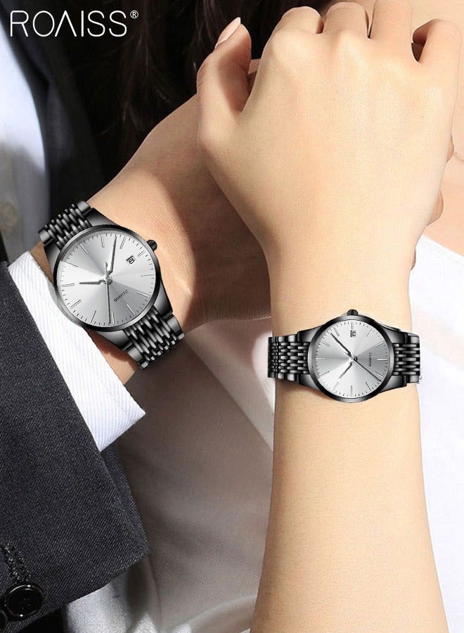 Alloy Strap Couple Quartz Watch Male Female Couple Watch Luxury luminous Waterproof Calendar Watch Couple Wedding Romantic Gift 2 Piece Set