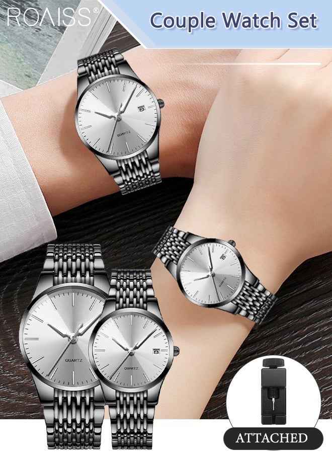 Alloy Strap Couple Quartz Watch Male Female Couple Watch Luxury luminous Waterproof Calendar Watch Couple Wedding Romantic Gift 2 Piece Set