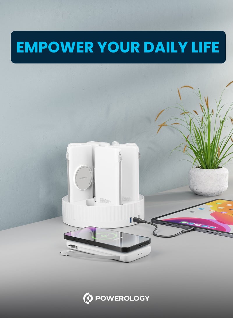 8-in-1 Power Station with 10000mAh Capacity/ 20W Power Delivery/ Quick Charge/ Wireless Charging Compatibility/ Type C & Lightning Head Built-in Cables/ All-in-One Powerbank Terminal - White