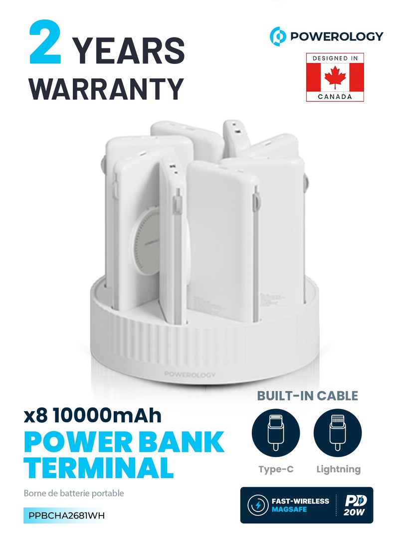 8-in-1 Power Station with 10000mAh Capacity/ 20W Power Delivery/ Quick Charge/ Wireless Charging Compatibility/ Type C & Lightning Head Built-in Cables/ All-in-One Powerbank Terminal - White