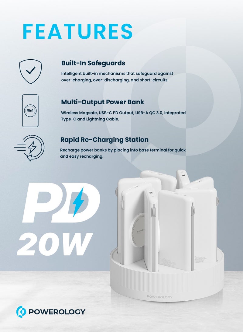 8-in-1 Power Station with 10000mAh Capacity/ 20W Power Delivery/ Quick Charge/ Wireless Charging Compatibility/ Type C & Lightning Head Built-in Cables/ All-in-One Powerbank Terminal - White