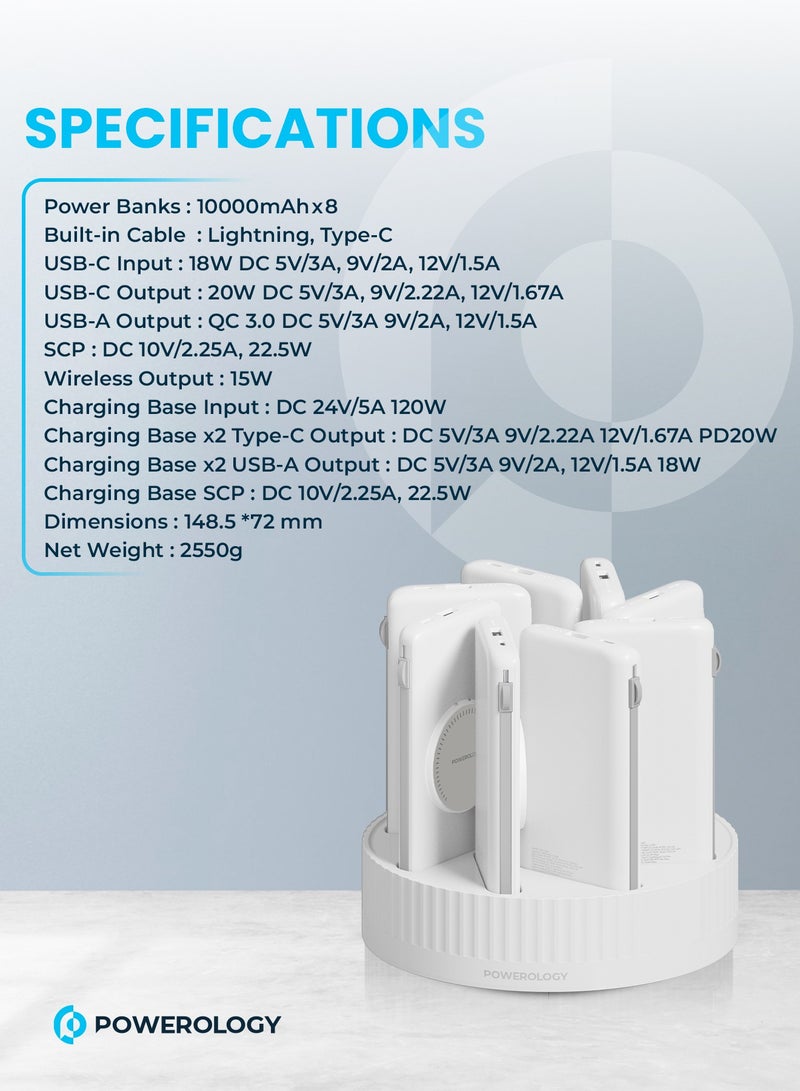 8-in-1 Power Station with 10000mAh Capacity/ 20W Power Delivery/ Quick Charge/ Wireless Charging Compatibility/ Type C & Lightning Head Built-in Cables/ All-in-One Powerbank Terminal - White
