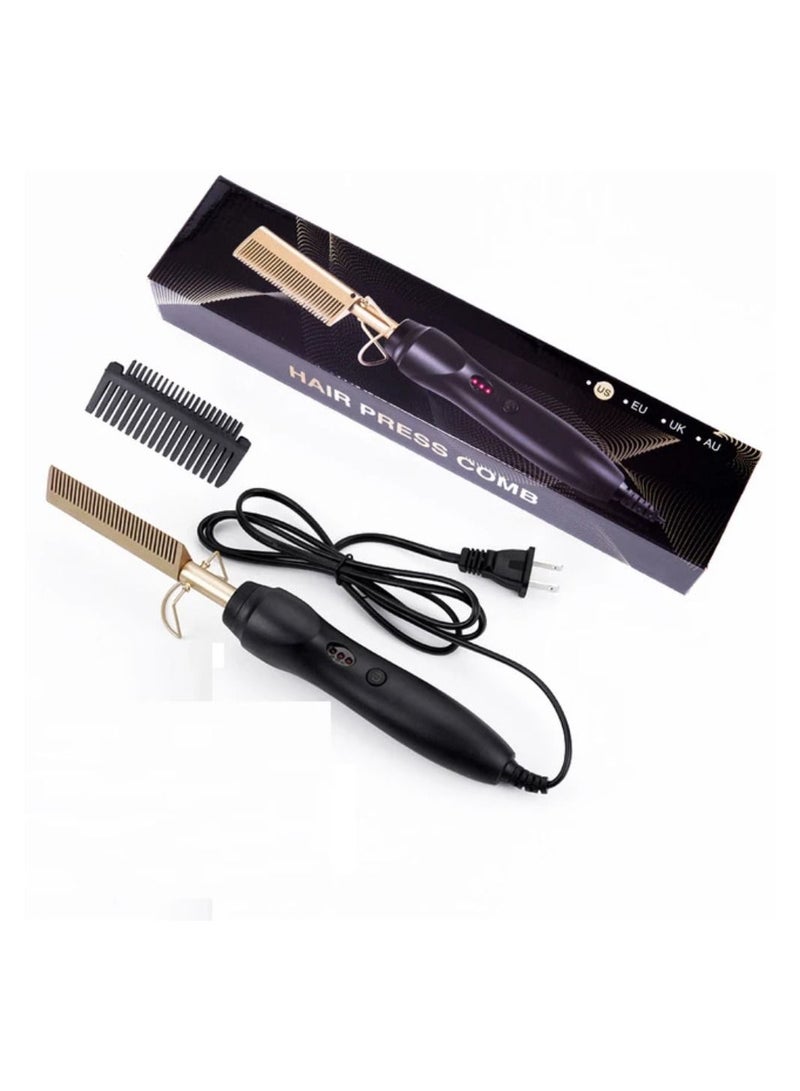 Hot Comb Hair Straightener, 2 in1 Ceramic Comb Security Portable Curling Iron Heated Brush, Multifunctional Copper Hair Straightener Brush Straightening Comb for Wet and Dry Hair Wigs Women Men Brush