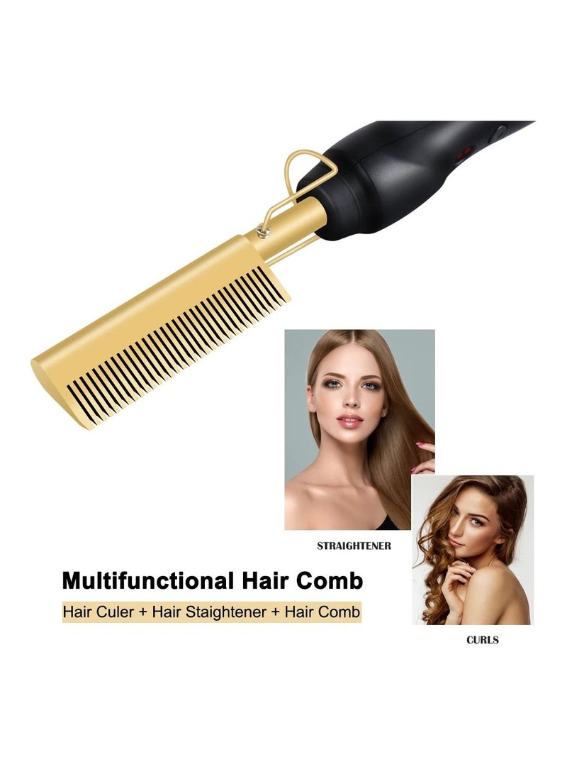 Hot Comb Hair Straightener, 2 in1 Ceramic Comb Security Portable Curling Iron Heated Brush, Multifunctional Copper Hair Straightener Brush Straightening Comb for Wet and Dry Hair Wigs Women Men Brush