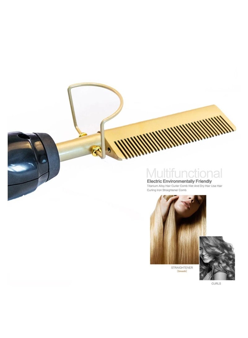 Hot Comb Hair Straightener, 2 in1 Ceramic Comb Security Portable Curling Iron Heated Brush, Multifunctional Copper Hair Straightener Brush Straightening Comb for Wet and Dry Hair Wigs Women Men Brush