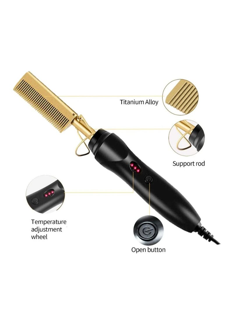 Hot Comb Hair Straightener, 2 in1 Ceramic Comb Security Portable Curling Iron Heated Brush, Multifunctional Copper Hair Straightener Brush Straightening Comb for Wet and Dry Hair Wigs Women Men Brush