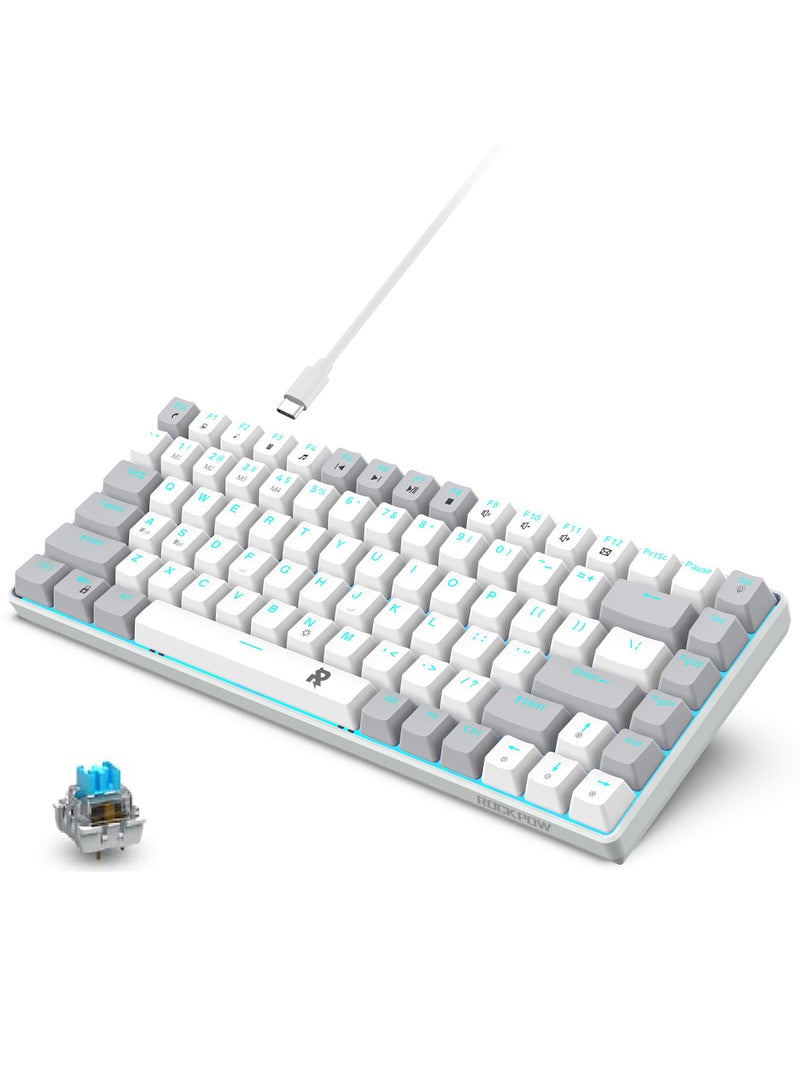 ROCK POW 84 Keys Wired Mechanical Gaming Keyboard Ice Blue Backlit Ultra-Compact Waterproof Mini Compact Keyboard for PC/Mac Gamer Typist Easy Carry on Trip Blue Switch