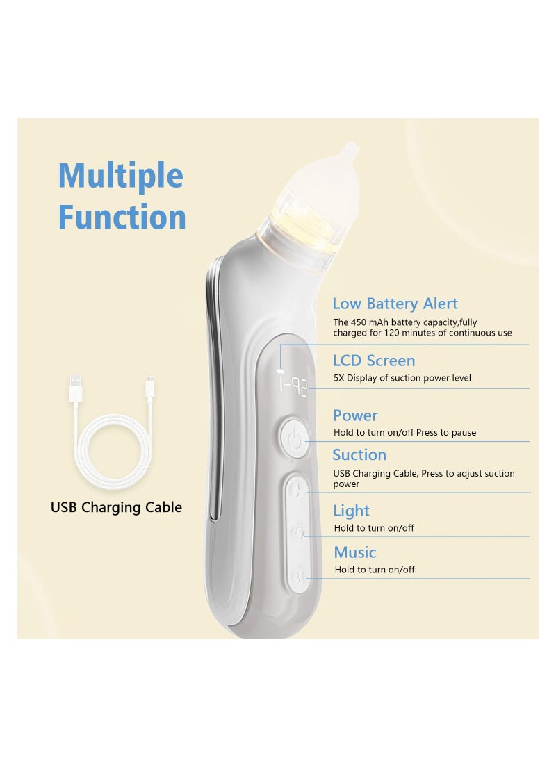 Electric Nasal Aspirator for Baby, Baby Nose for Toddlers - Rechargeable, with 3 Silicone Heads, 5-Gear Adjustable Suction, Booger for Babies with Music and Light Soothing Function