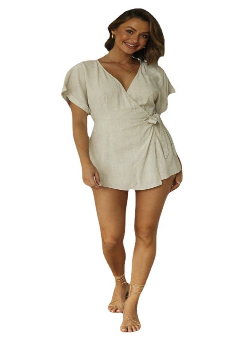 Off White V-Neck Waist Tie-Ups Playsuit