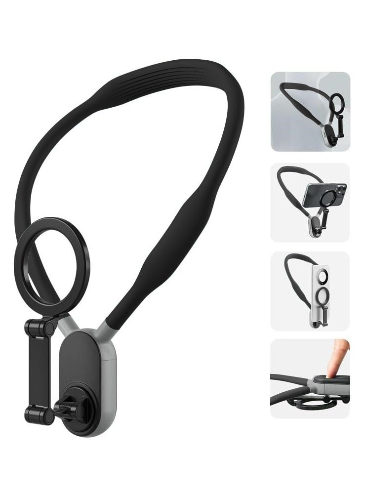 Magnetic Neck Mount for Phones, Neck Cell Phone Holder POV/Vlog Selfie Mount Hand Free Phone Neck Holder Chest Stand Strap Video Recording for iPhone 15 14 13 12 Seires Android Phones Black