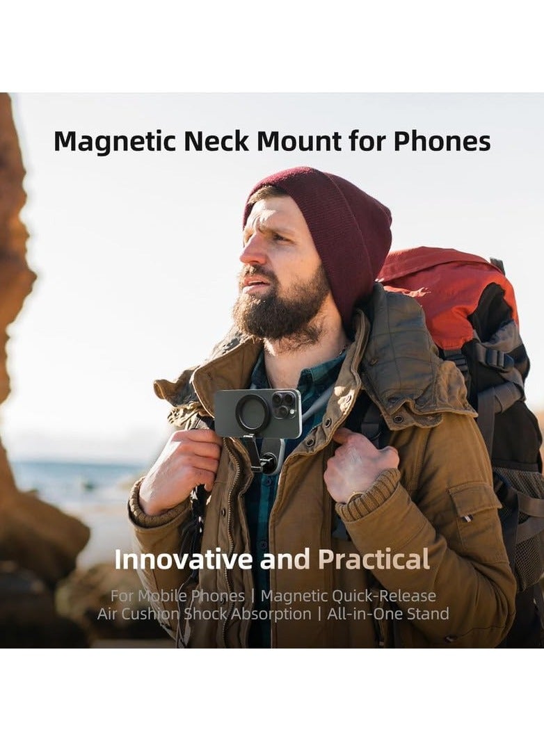 Magnetic Neck Mount for Phones, Neck Cell Phone Holder POV/Vlog Selfie Mount Hand Free Phone Neck Holder Chest Stand Strap Video Recording for iPhone 15 14 13 12 Seires Android Phones Black