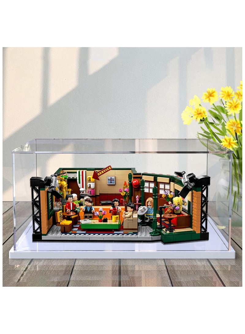 Clear Acrylic Display Case for Lego Central Perk Toys Assemble Transparent Acrylic Box Dustproof Protection Showcase with White Wood-Plastic Base (13x9.8x5.9inch; 33x25x15cm)