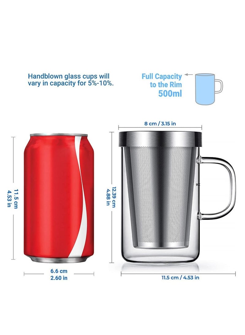Borosilicate Glass Tea Cup with Stainless Steel Infuser and Lid, 500 ML