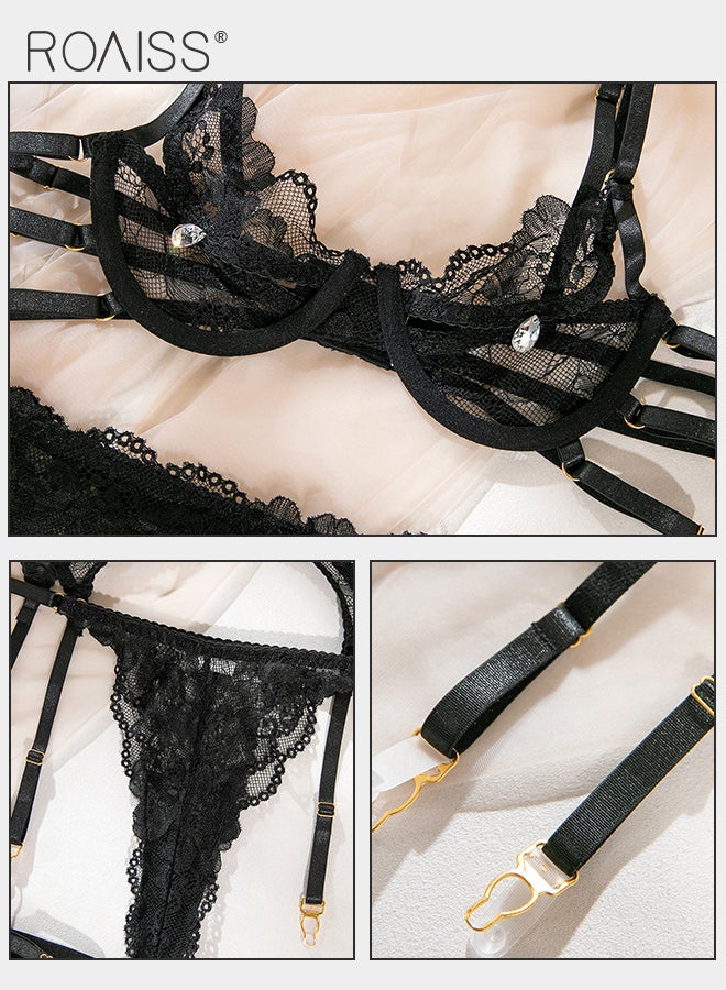 Lace Hollow Out Lingerie Set for Women with Drill Particles Decor Mesh Yarn See Through Spaghetti Strap Underwear Suit with Garter Ladies Slim Fit Comfy Bodysuit for Adults