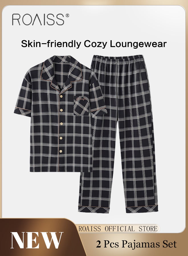 Spring And Autumn Male Cotton Pajama Sets Plus Size Sleepwear Fashion Gradient Plaid Pijama Men Set Pajamas Loungewear