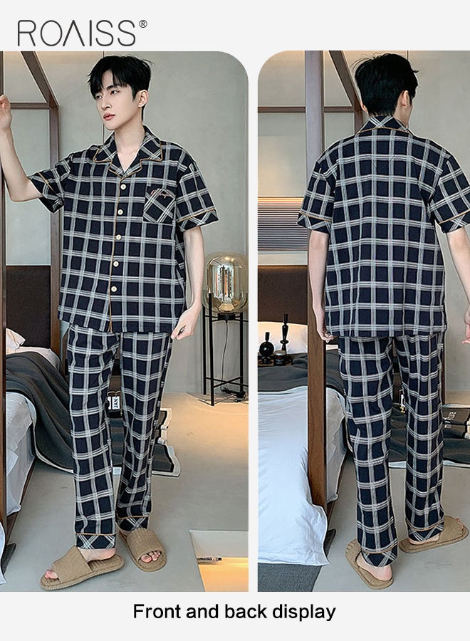 Spring And Autumn Male Cotton Pajama Sets Plus Size Sleepwear Fashion Gradient Plaid Pijama Men Set Pajamas Loungewear