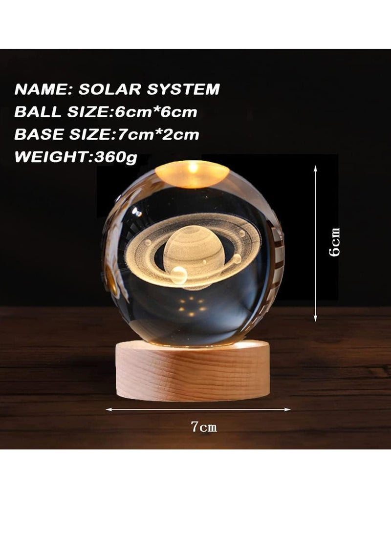 3D Crystal Ball Night Light Clear Galaxy LED Light with Wooden Base Glass Ball Ornaments Nightlight Decolamp with Touch Switch LED Light Decorative Lamp Gifts for Home Desktop Decor-Planet