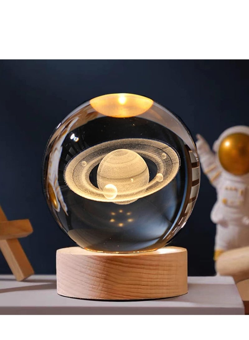 3D Crystal Ball Night Light Clear Galaxy LED Light with Wooden Base Glass Ball Ornaments Nightlight Decolamp with Touch Switch LED Light Decorative Lamp Gifts for Home Desktop Decor-Planet