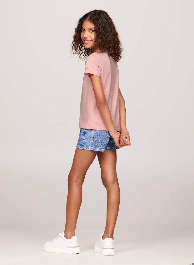 Girls' Hilfiger Monotype Flock Logo Slim T-Shirt -  Cotton blend vintage jersey, Pink