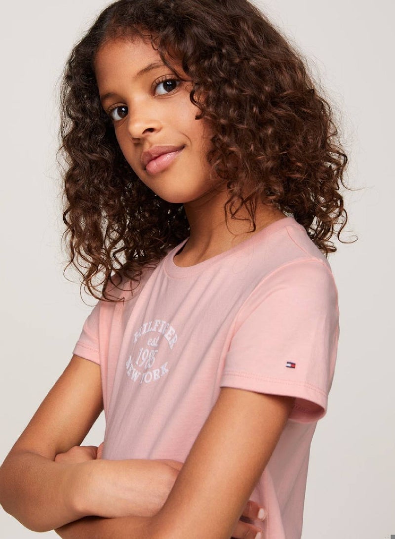 Girls' Hilfiger Monotype Flock Logo Slim T-Shirt -  Cotton blend vintage jersey, Pink