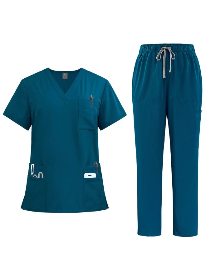 2-Piece Medical Scrubs with Many Pockets for Men & Women - Breathable Cool Stretch Fabric Scrub for Doctor, Nurse and Dentist(Top & Pant Scrubs Set, Blue)