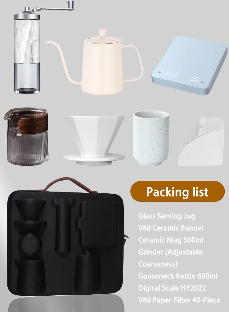 Travel V60 Drip Coffee Set All in 1 Portable Carry Bag, 7-Piece Completed Pour Over Coffee Maker Set, Hand Brew Coffee Accessoris Tools Kit