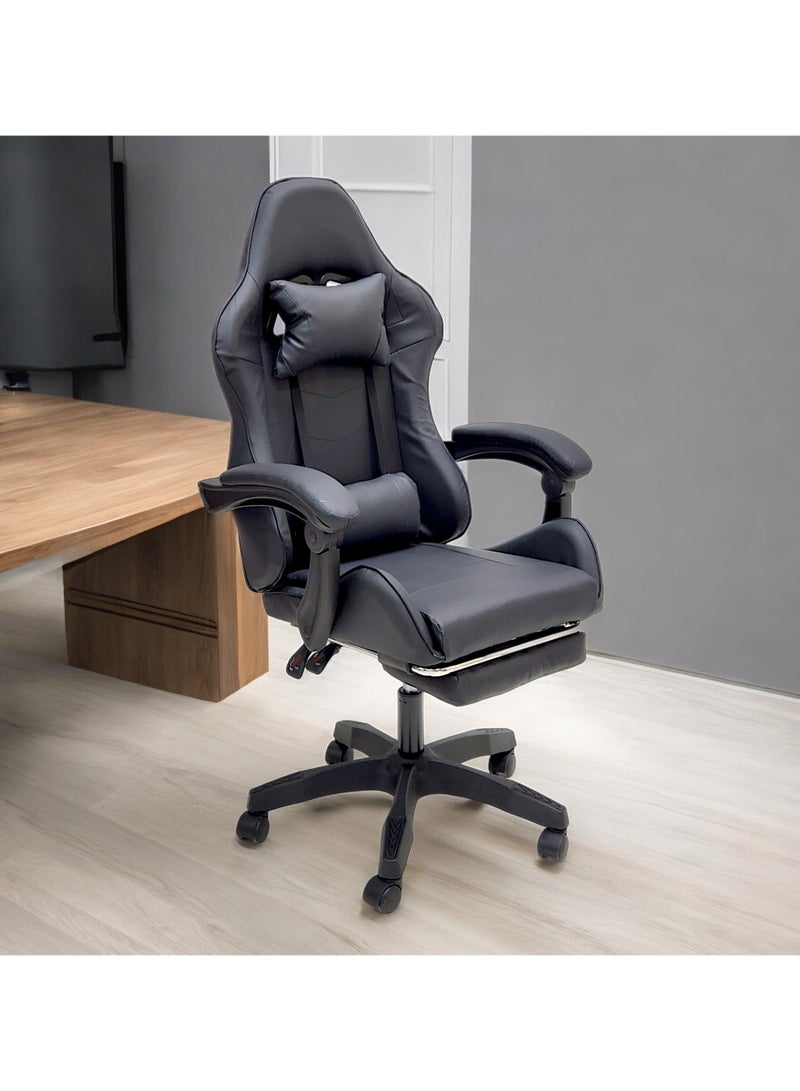 SBF High Back Gaming Chair with Footrest - Premium Leather, Padded Armrests, Adjustable Height, Headrest Cushion & Reclining Backrest, Swivel Office Computer Chair, Black