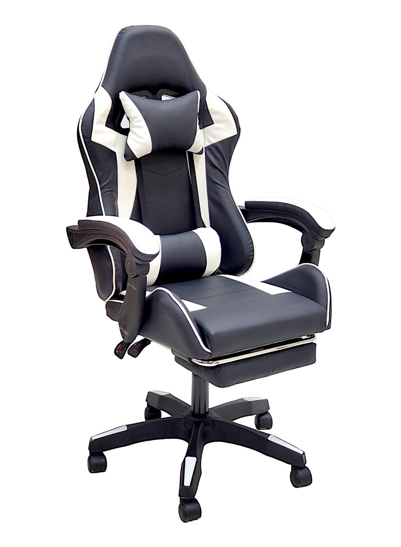 SBF High Back Gaming Chair with Footrest - Premium Leather, Padded Armrests, Adjustable Height, Headrest Cushion & Reclining Backrest, Swivel Office Computer Chair, White Black