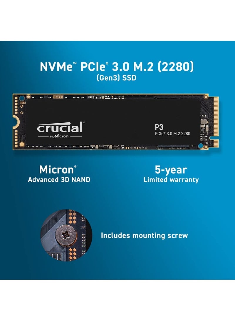 Crucial P3 M.2 NVMe SSD 500GB – PCI-Express 3.0 3D NAND – M.2 Internal SSD – Storage 500 GB