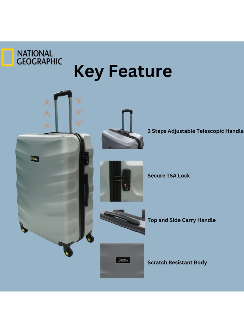 National Geographic Arete ABS Hard Case Large Check-In Travel Suitcase Silver, Durable Lightweight Travel Luggage, 4 Wheel Trolley Bag with TSA Combination Lock (28 Inch).